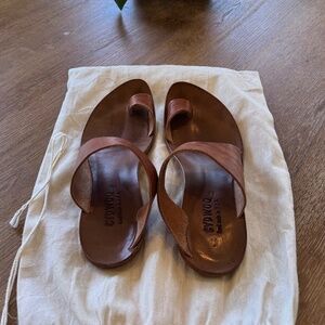 CYDWOQ Thong Women's Leather Sandal, Size 38 EU, Tan